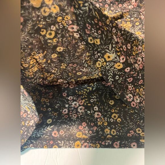 DR2 high neck brown micro floral print short sleeve blouse semi Sheer mesh L - Picture 5 of 9